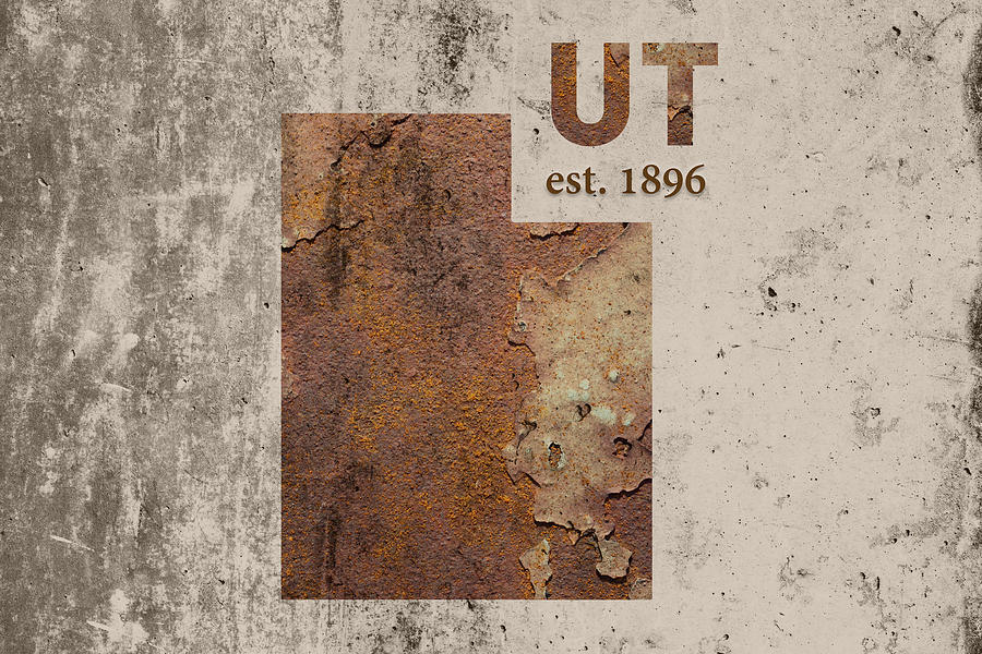 Salt Lake City Mixed Media - Utah State Map Industrial Rusted Metal on Cement Wall with Founding Date Series 048 by Design Turnpike