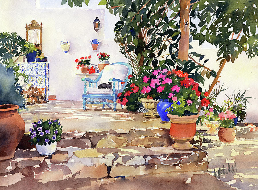 Flower Painting - Utes Garden With Flowers and pots by Margaret Merry