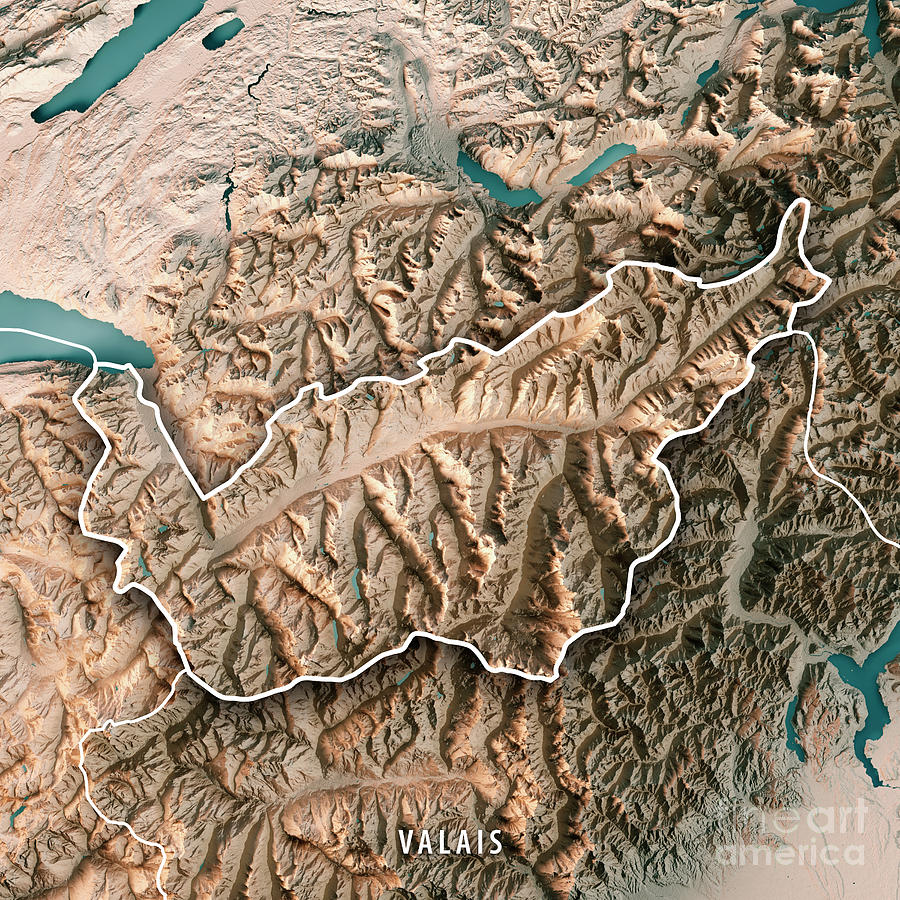 Map Digital Art - Valais Canton Switzerland 3D Render Topographic Map Neutral Bord by Frank Ramspott