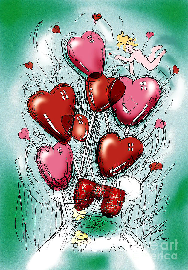 Valentine Balloons With Cherub Painting by Genevieve Esson