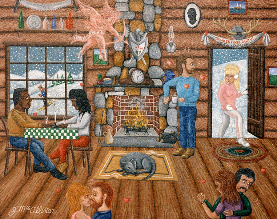 Winter Painting - Valentine Day in a New Hampshire Ski Lodge by Joshua Mac Allistar
