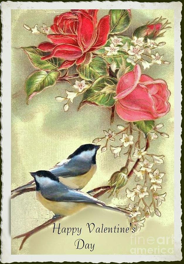 Bird and Flowers Vintage Valentine Card - The Old Design Shop