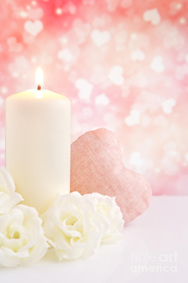 Valentines Day Photograph - Valentines hearts and candle with a bright glittering backgroun by Sara Winter