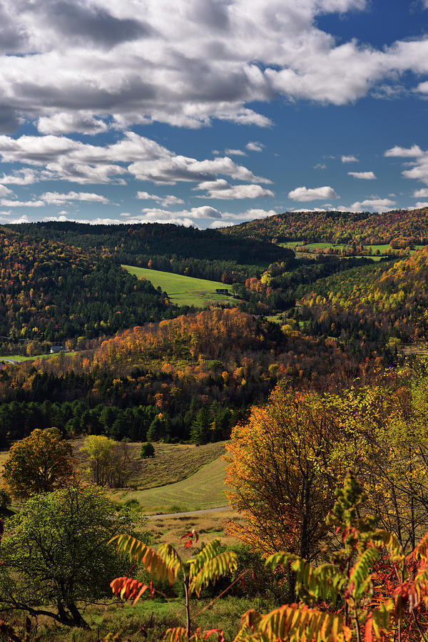 Valley at Barnet Center Vermont with hills touched by Fall color Photograph by Reimar Gaertner