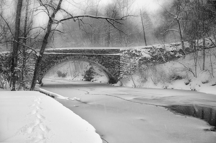 Valley Green Bridge in Freshly Fallen Snow in Black and White Photograph by Bill Cannon
