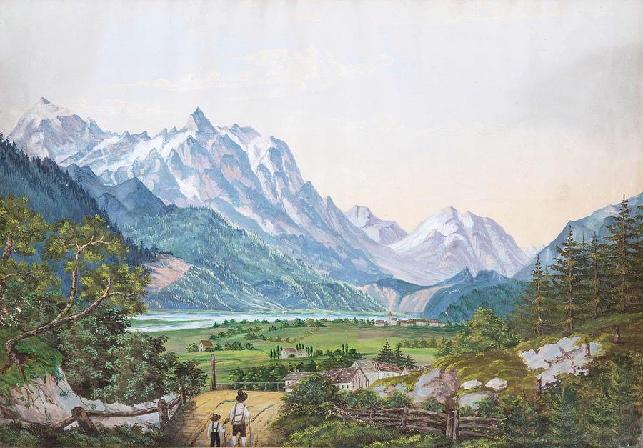 Valley in Tyrol with people staffage Painting by MotionAge Designs
