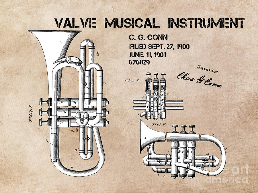 Valve musical instrument patent art Digital Art by Justyna Jaszke JBJart