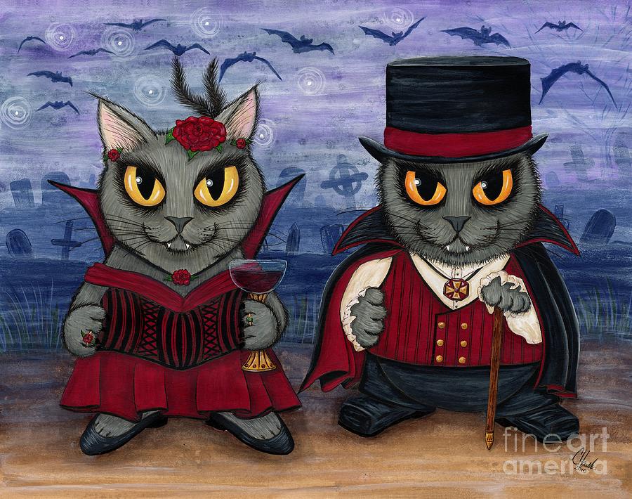 Vampire Cat Couple Painting by Carrie Hawks