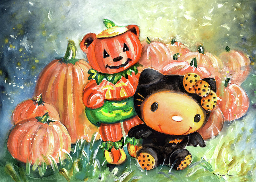 Vampiretta And Teddy Pumpkin Painting by Miki De Goodaboom