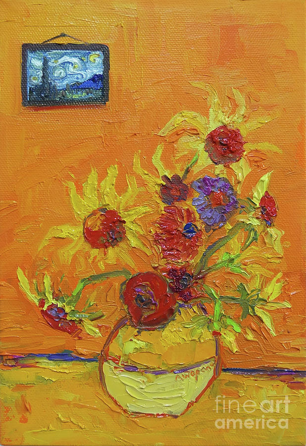 Van Gogh Starry Night Sunflowers Inspired Modern Impressionist Painting