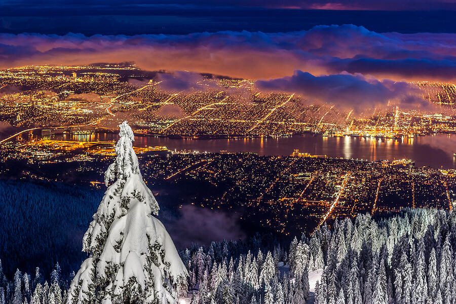 Winter Photograph - Vancouver City twilight from Grouse Mountain by Pierre Leclerc Photography