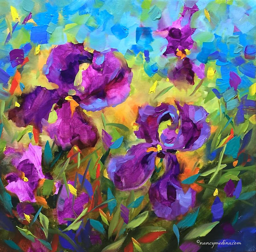 Vanishing Violet Irises Painting by Nancy Medina