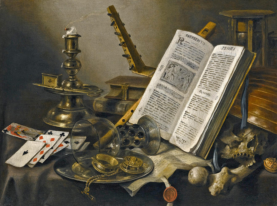 Pieter Claesz Painting - Vanitas still life with a book a glass roemer a skull a lute a pack of cards and piece of parchment  by Pieter Claesz