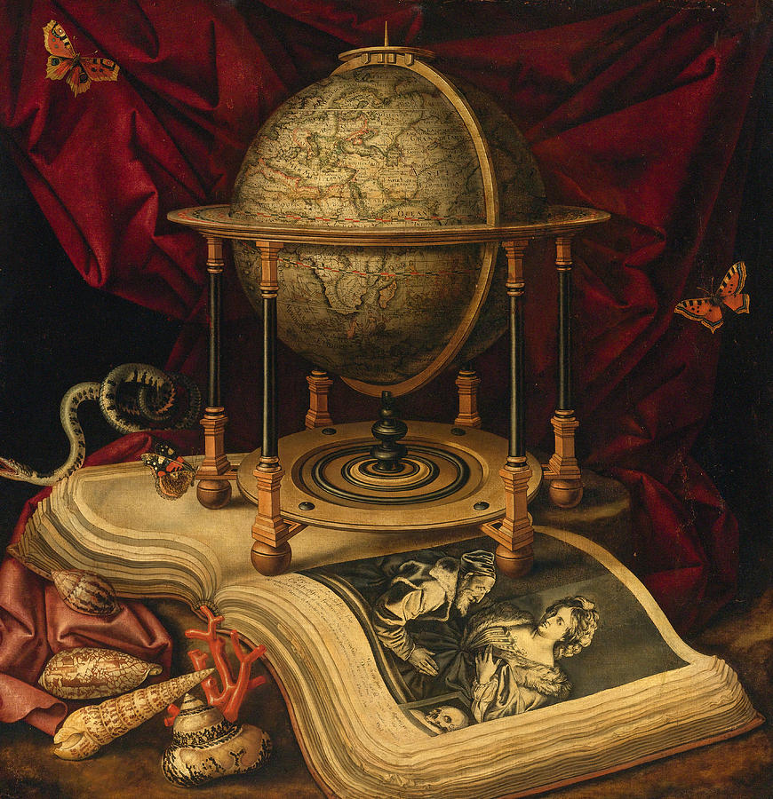 Vanitas Still Life with a Terrestrial Globe a Book Shells a Snake and Butterflies Painting by Carstian Luyckx