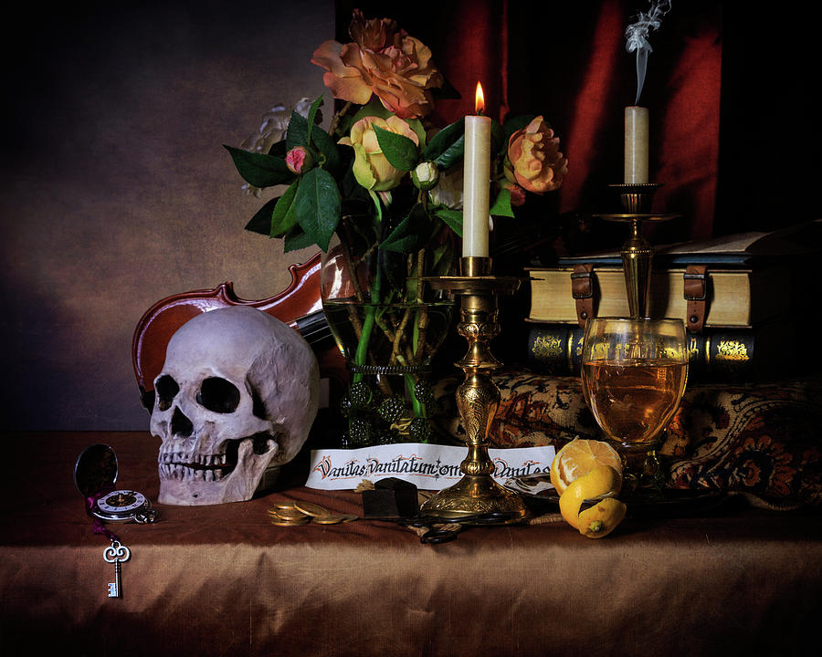 Still Life Photograph - Vanitas with Books-Candles-Roemers-Bouquet by Levin Rodriguez