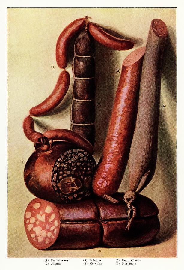 Various types of appetizing sausages Painting by Vincent Monozlay
