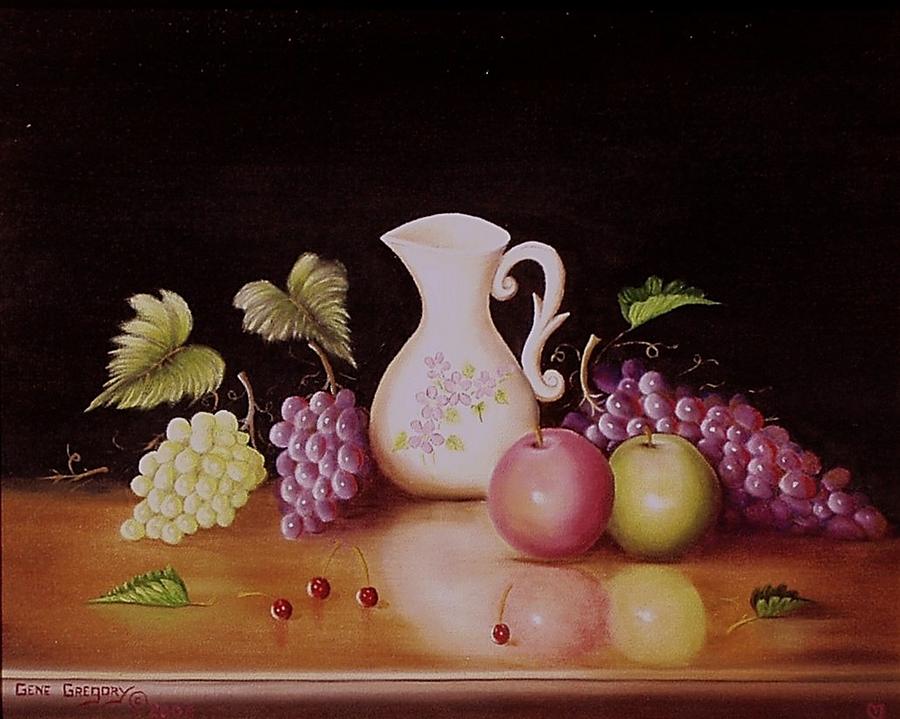 Vase and fruit Painting by Gene Gregory