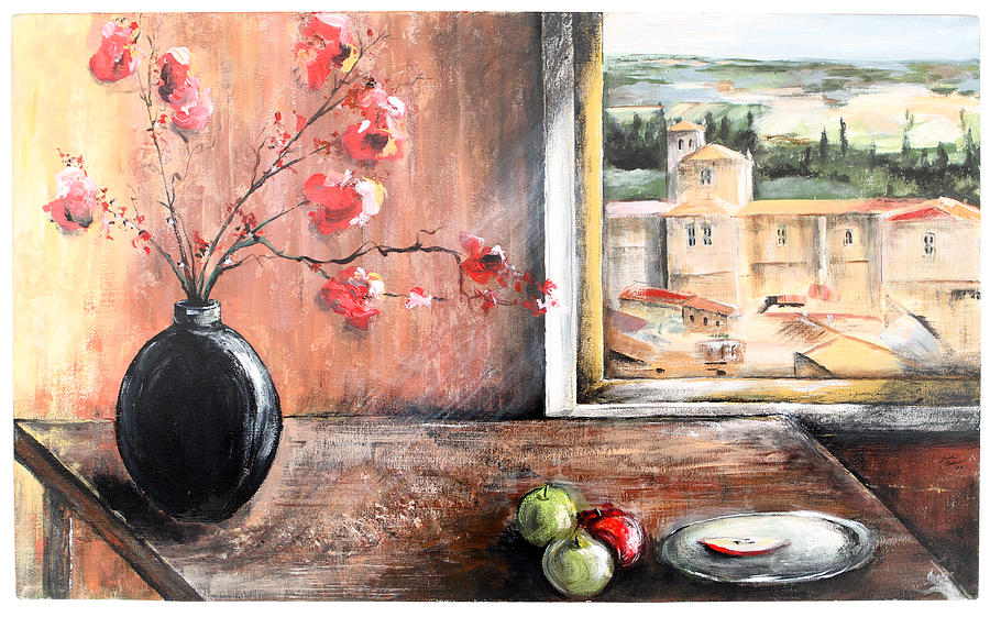 Flower Painting - Apples and Vase on a Table by Faith Berrier