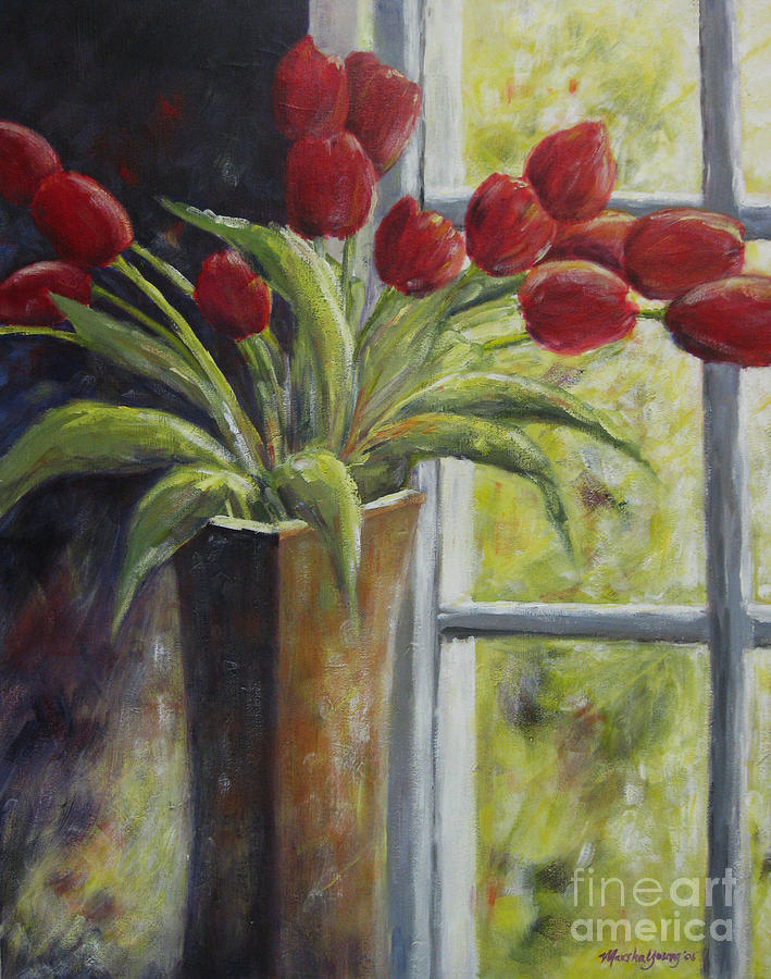 Vase of Red Tulips Painting by Marsha Young