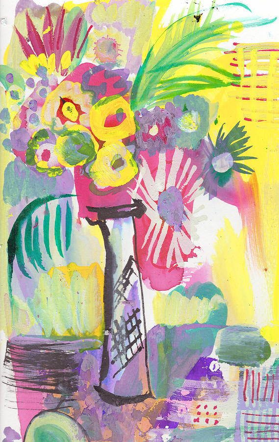 Abstract Painting - Vase of wild flowers in yellow by Amara Dacer