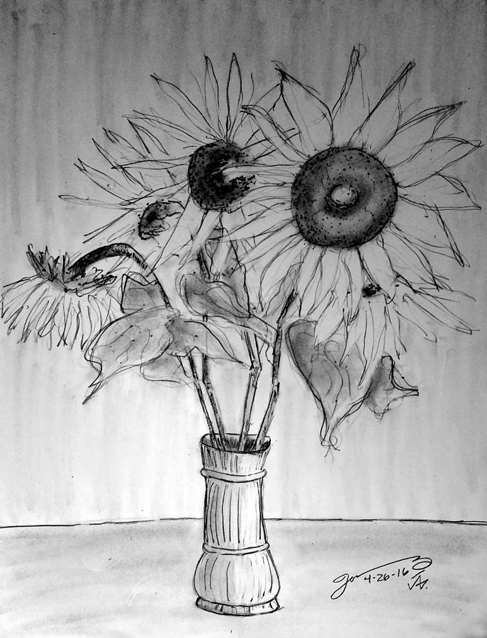Vase With Five Sunflowers Drawing