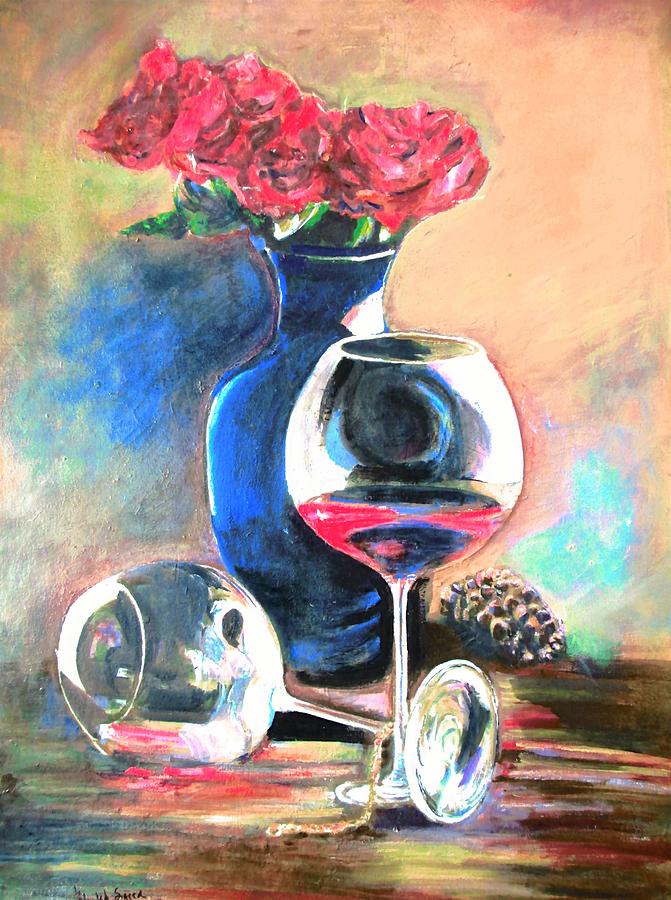 Vase With Glasses Painting by Khalid Saeed