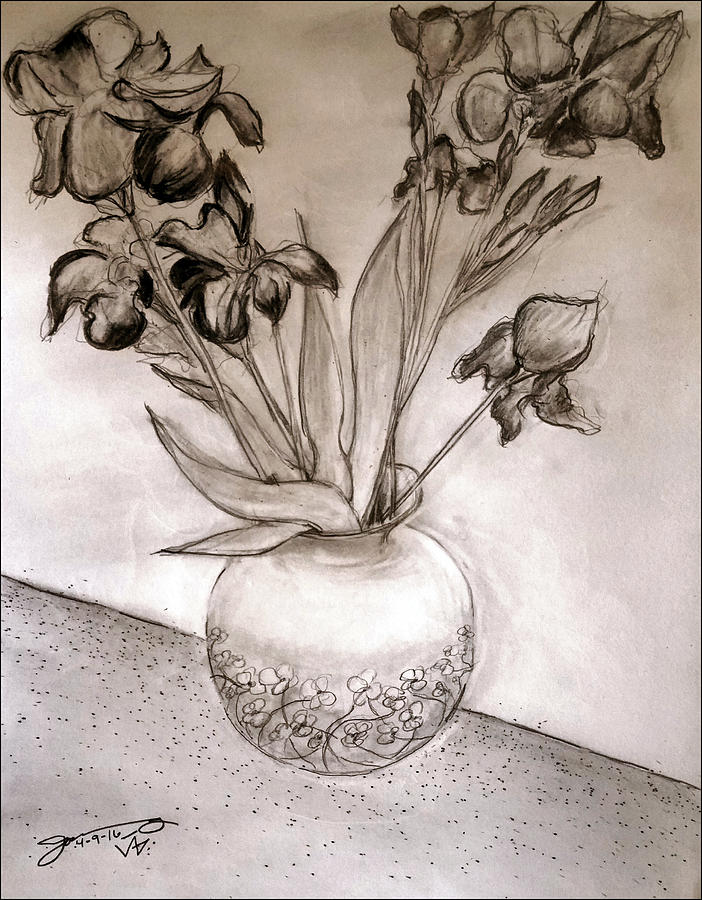 Vase With Irises Drawing