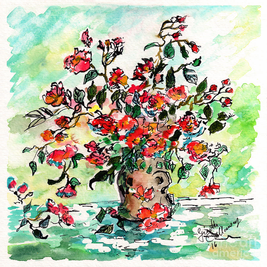 Vase with Red Roses Watercolor Painting by Ginette Callaway
