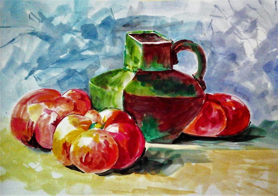 Vase With Tomatoes Painting by Khalid Saeed