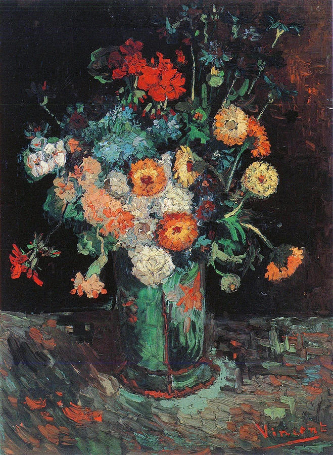 Vase With Zinnias And Geraniums, 1886 Painting By Vincent Van Gogh 