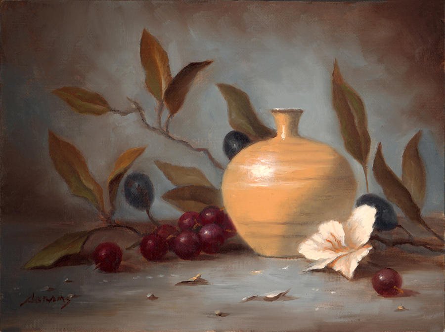 Still Life Painting - Vase,Flower and Grapes by Paul Abrams