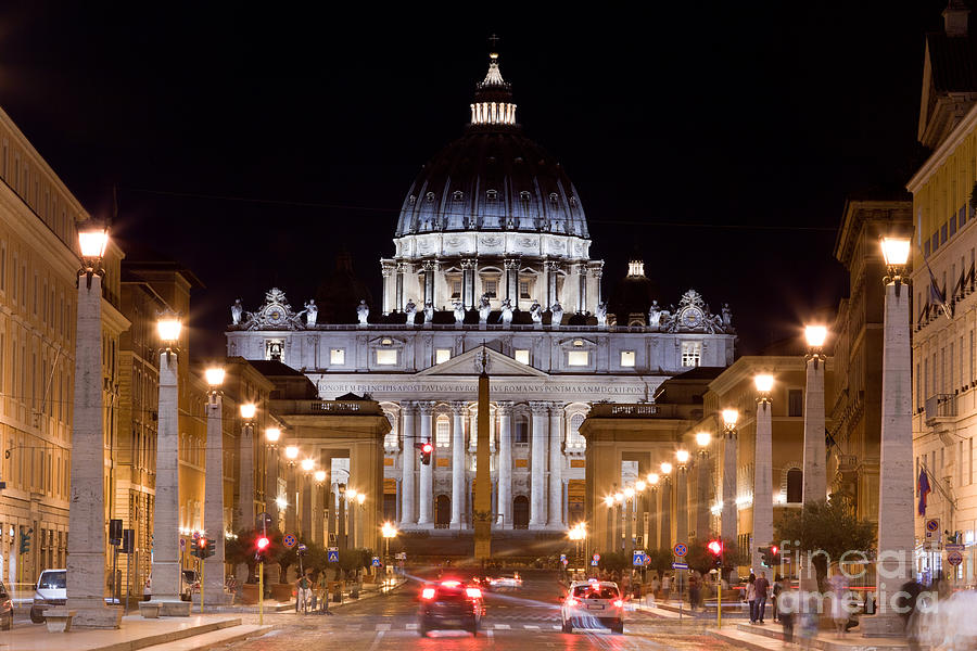 Vatican City. St. Peters Basilica at night Photograph by Michal Bednarek