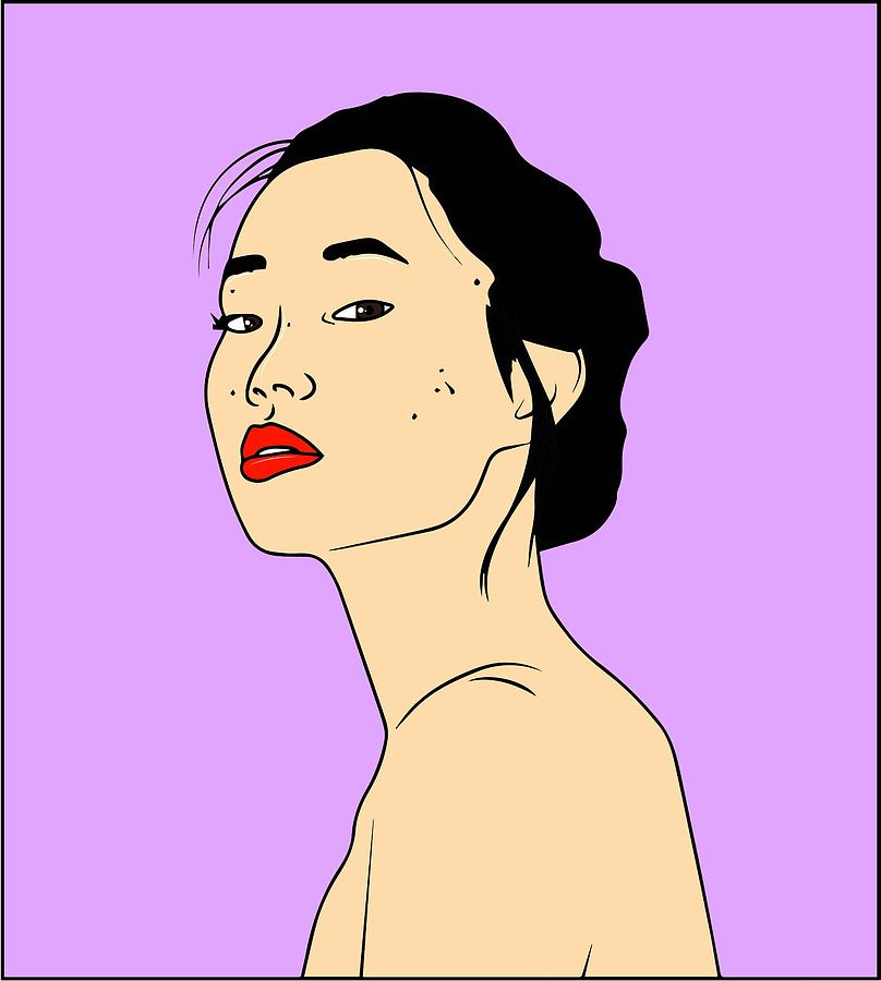 vector illustration, Head of beautifull Japanese young woman with red ...