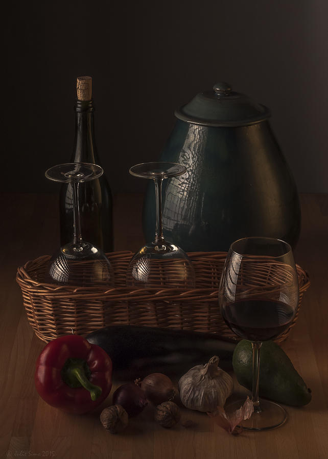 Still Life Digital Art - Vegetables and Wine in Low Key Still Life Composition by Julis Simo