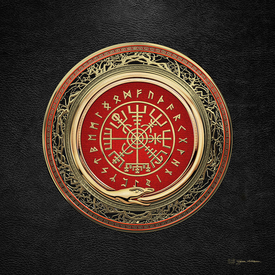 Vegvisir - A Gold Magic Viking Runic Compass on Black Leather Digital Art by Serge Averbukh