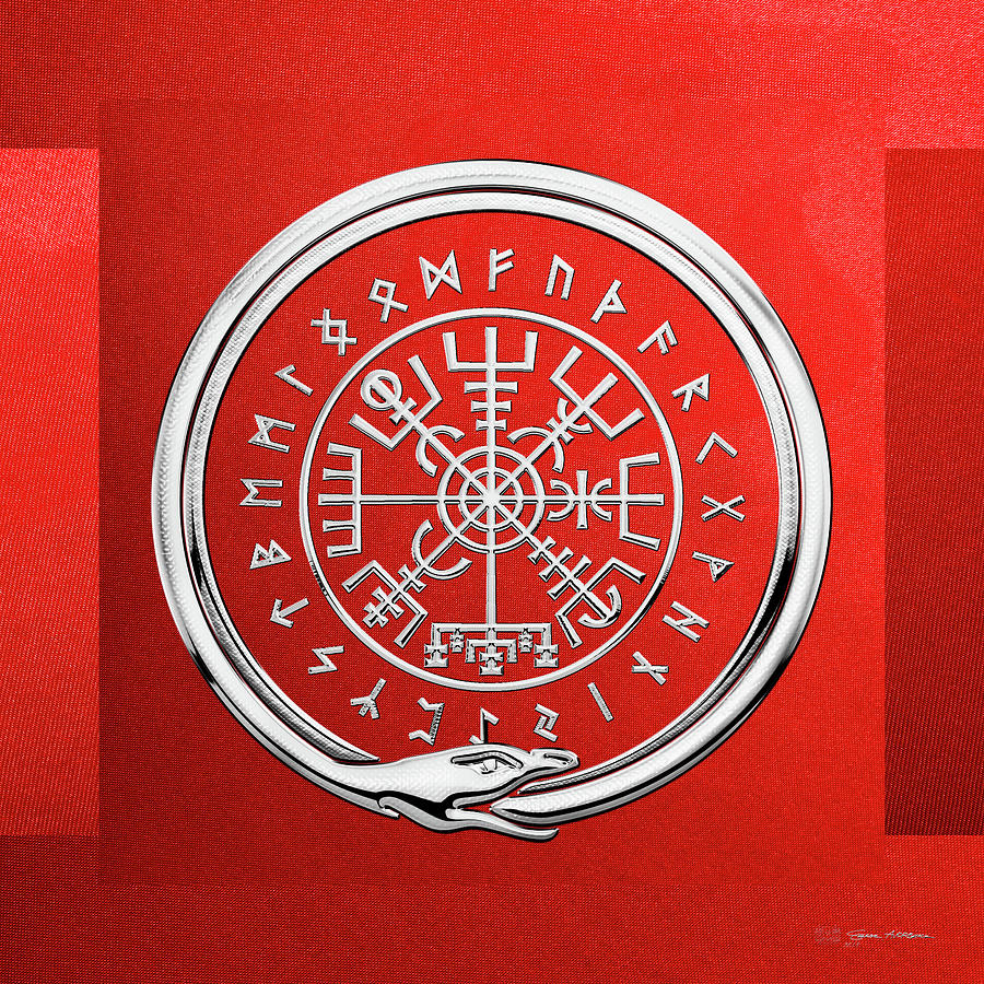 Vegvisir - A Magic Icelandic Viking Runic Compass - Silver on Red Digital Art by Serge Averbukh