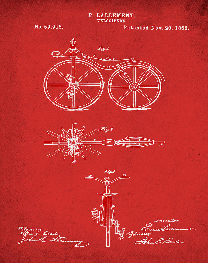 Velocipede Bicycle Patent 1866 Red Digital Art by Bill Cannon