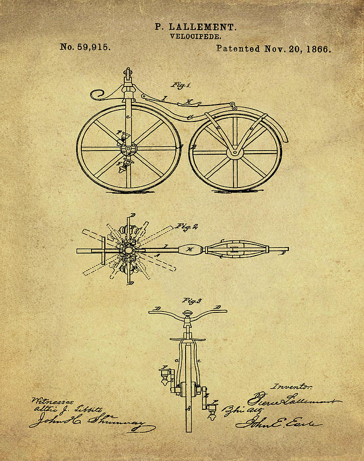 Velocipede Bicycle Patent 1866 Vintage Sepia Digital Art by Bill Cannon