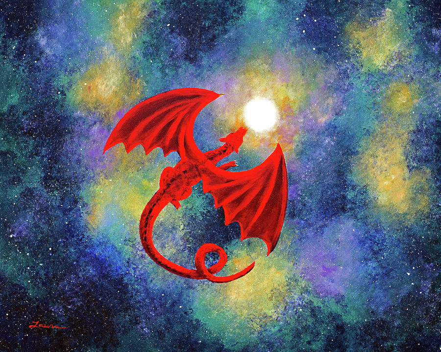 Velvet Red Dragon in Cosmic Moonlight Painting by Laura Iverson