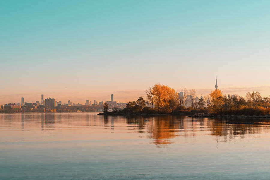 Velvety Serenity - Toronto Skyline Reflections in Teal And Orange Photograph by Georgia Mizuleva