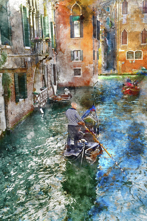 Venetian gondolier pushing gondola through green canal waters of Photograph by Brandon Bourdages