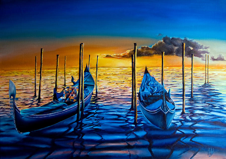 Gondolas Floating on the Sea Painting by Michelangelo Rossi