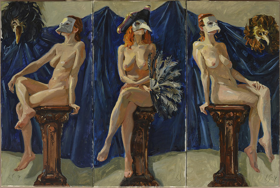 Venetian Women with Blue Background. Triptych Painting by Igor Sakurov