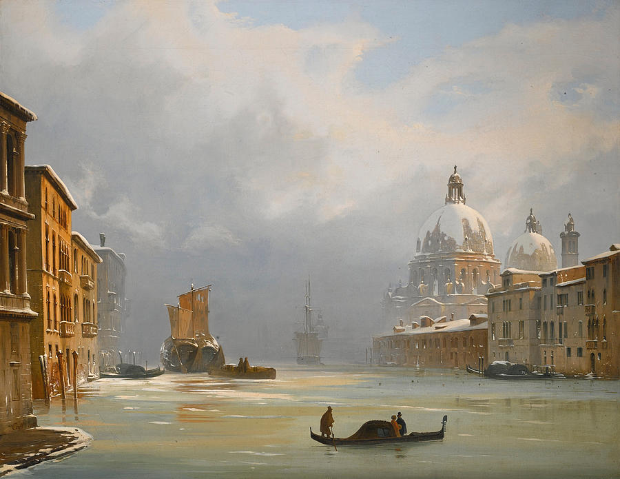 Venice a view of the city under snow with the Church of the Salute Painting by Ippolito Caffi