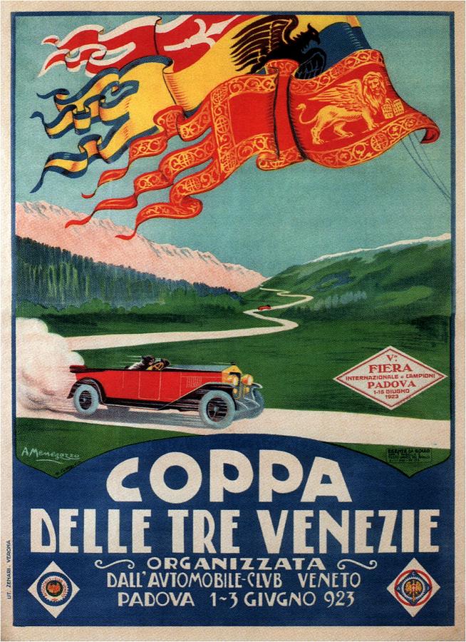 Red Vintage Car Painting - Venice Automobile Club Tournament - Vintage Illustrated Poster - Car cruising through countryside by Studio Grafiikka