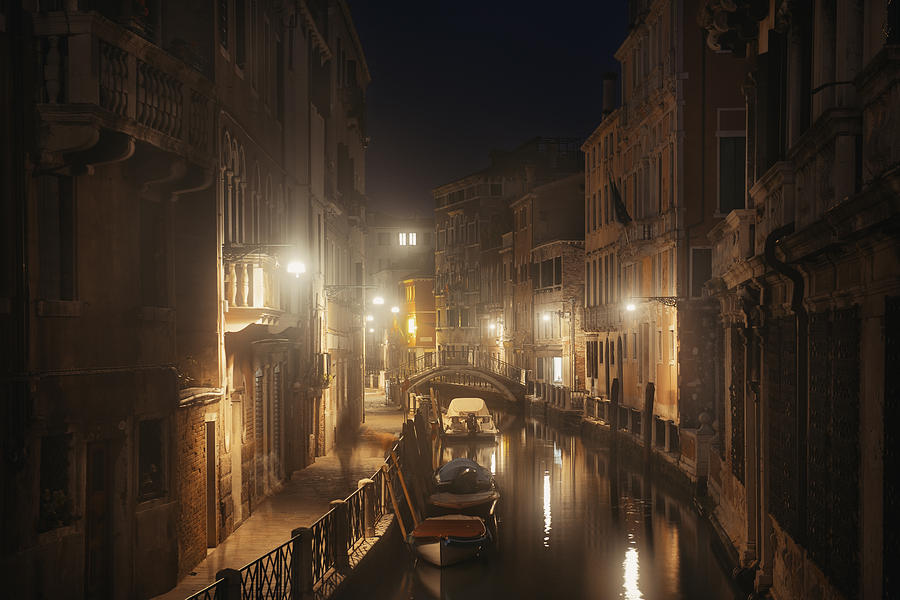 Venice canal misty night Photograph by Songquan Deng