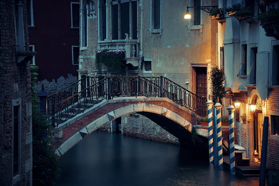Venice canal night bridge Photograph by Songquan Deng