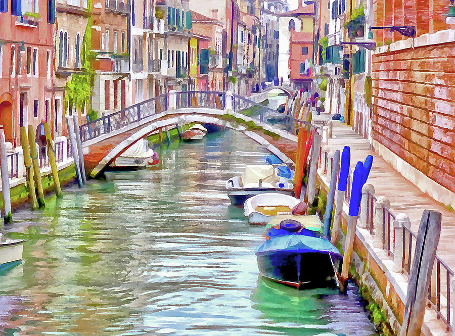 Boat Digital Art - Venice Canal with Bridge by Bishopston Fine Art