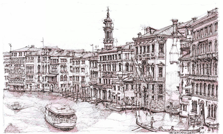 Skyline Drawing - Venice canals in Italia by Building  Art