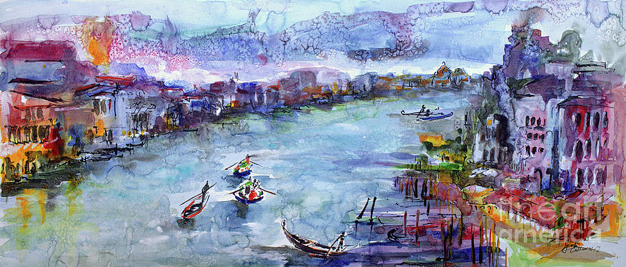 Venice Festivities Travel Italy Watercolor and Ink Painting by Ginette Callaway